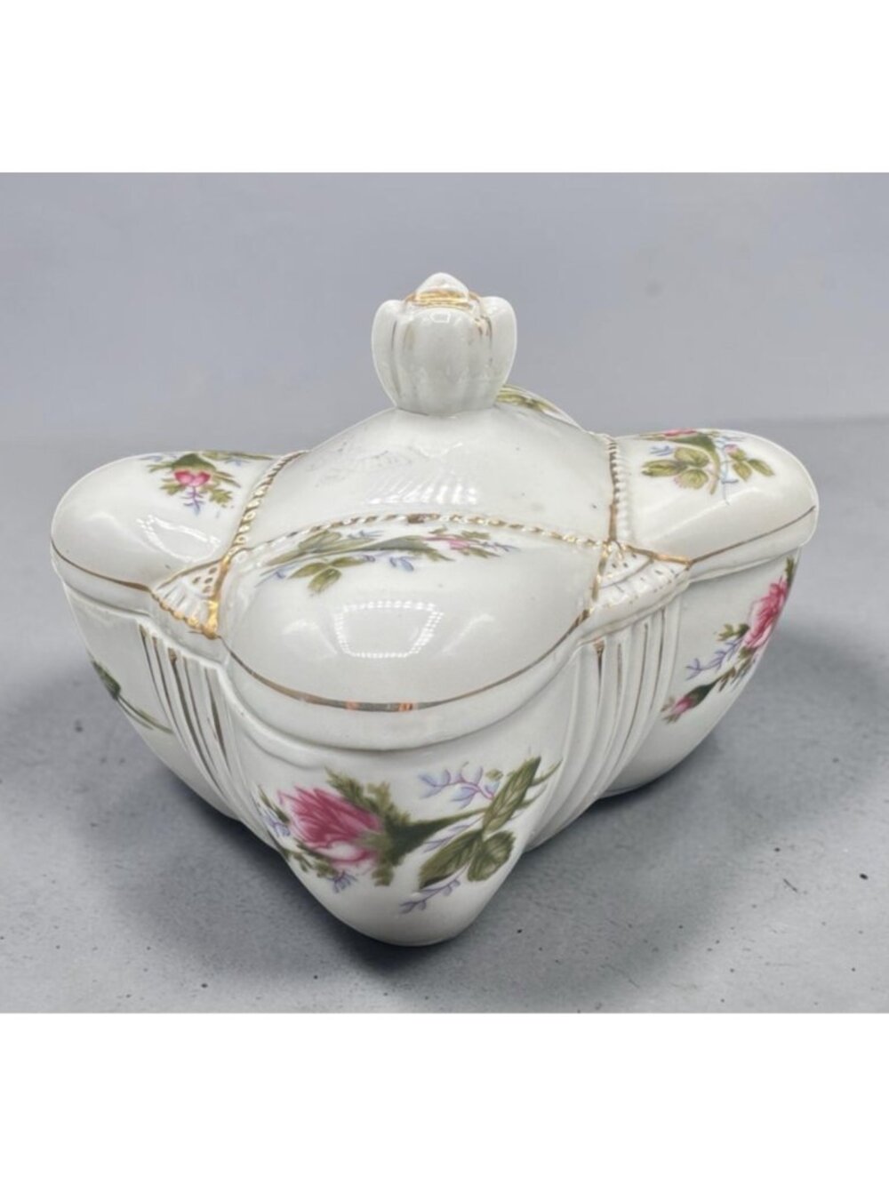 Vintage Japan Porcelain Trinket Box Pink Roses Gold Trim Footed Lidded Floral